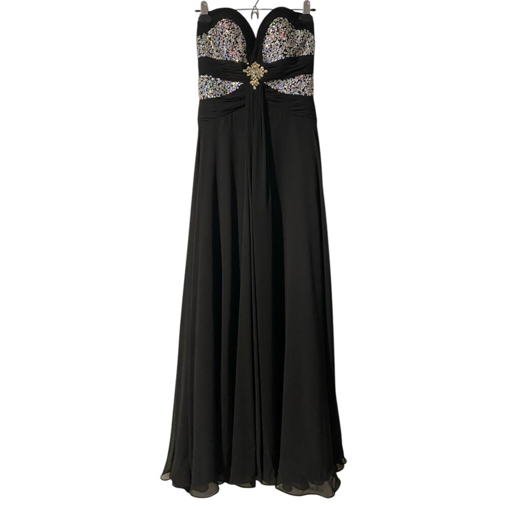 Vintage Y2K Sequin Evening Dress US 4 Black Gown Strapless Formal Black Tie Prom